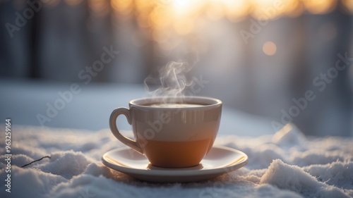 Cup of hot tea or coffee in winter snowy landscape. photo