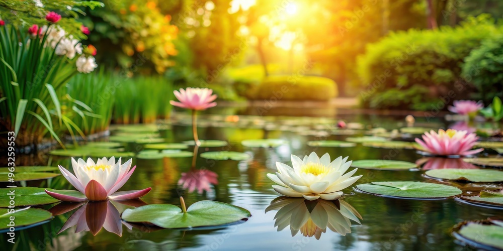 Tranquil pond in a serene garden setting with floating lilies, garden, pond, water, peaceful, tranquil, serene, lilies Tranquil pond in a serene garden setting with floating lilies, garden, pond, water, peaceful, tranquil, serene, lilies