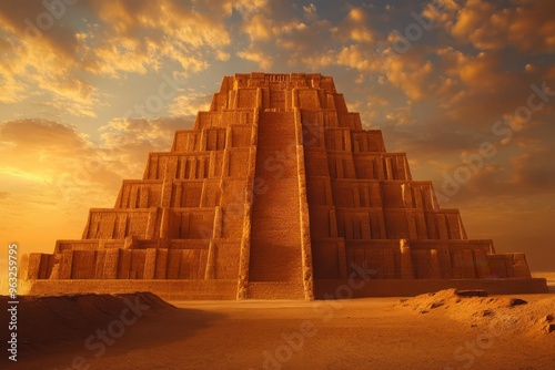 Ancient Mesopotamian ziggurat in the desert, Iraq  in a dramatic, wideangle shot with warm, golden light illuminating the ancient stepped structure against a stark desert landscape photo