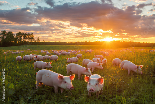 A herd of pink pigs grazing in a field at sunset with a beautiful sky.