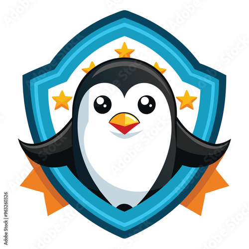 Cartoon Penguin in a Blue Shield with Yellow Stars