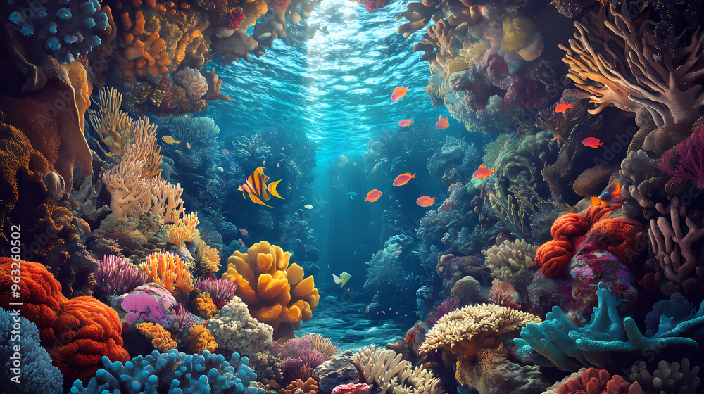 Naklejka premium Enchanting underwater realm: hyperrealistic coral reefs and sea creatures. Hyperrealistic. Illustration