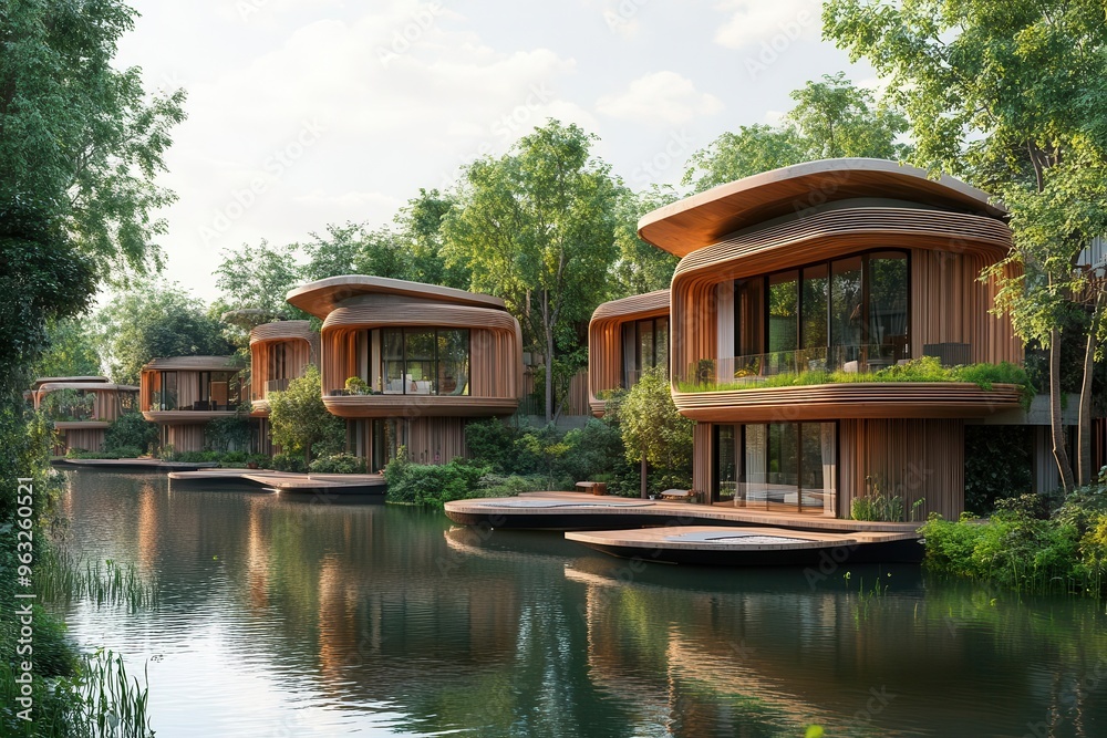 Floating ecovillage connected by bridges Floating ecovillage connected by bridges