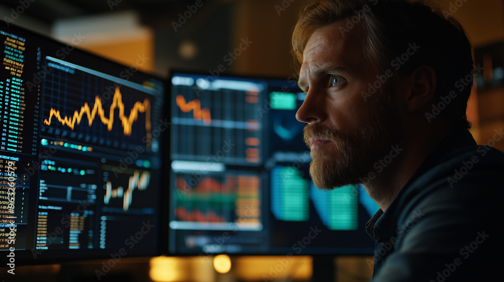 Individual at home, casually dressed, learning about stock market Individual at home, casually dressed, learning about stock market