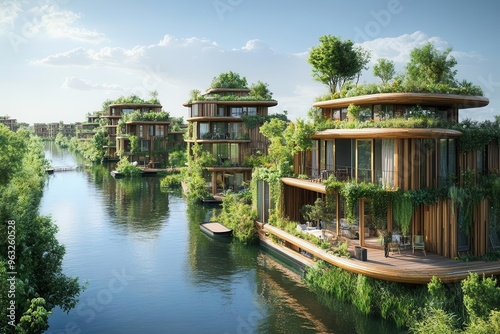 Floating ecovillage connected by bridges