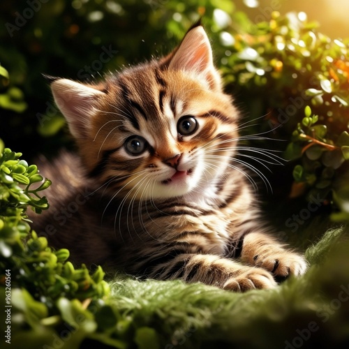 A kitten in a lush greenery background. The photo depicts an outdoor nature setting with sunlight adding artistic touch highlighting the image of the playful kitten in the green background. 