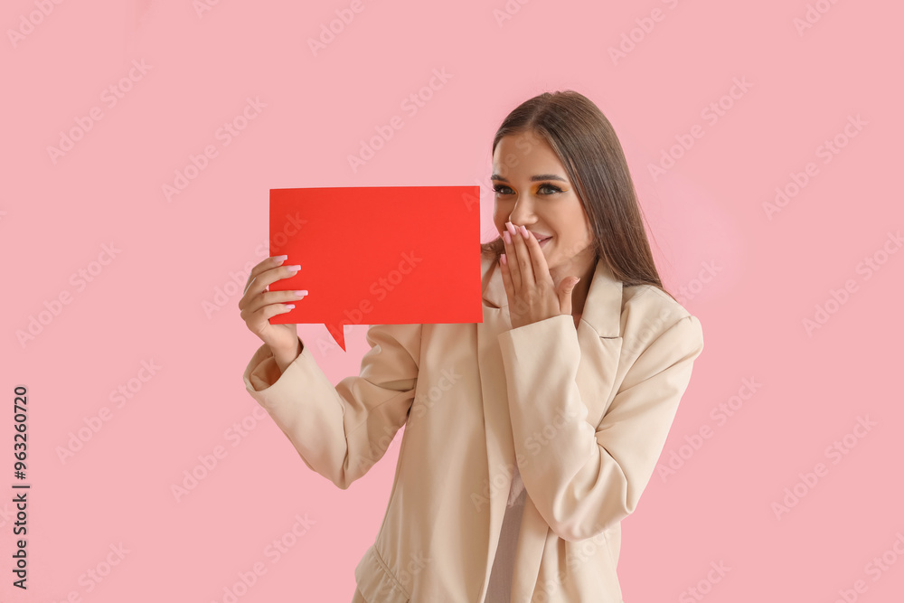 Beautiful happy young woman with speech bubble on pink background Beautiful happy young woman with speech bubble on pink background