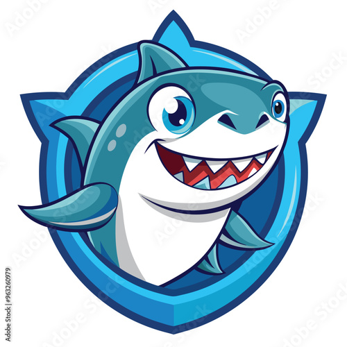 Cartoon Smiling Shark in a Blue Circle with Starburst