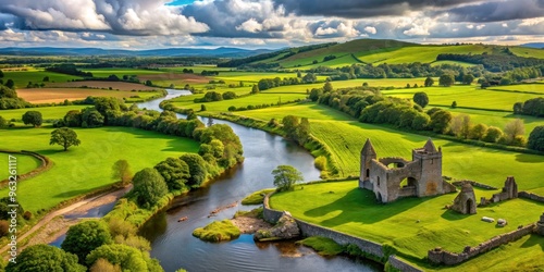 Scenic view of lush green Irish countryside with ancient ruins and meandering river , picturesque