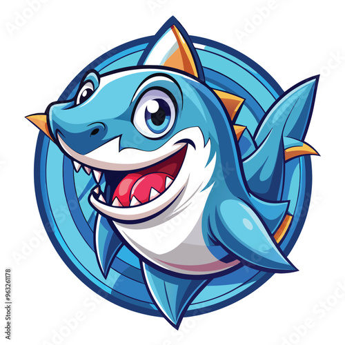 Cartoon Blue Shark with Open Mouth and Big Smile in Water Design