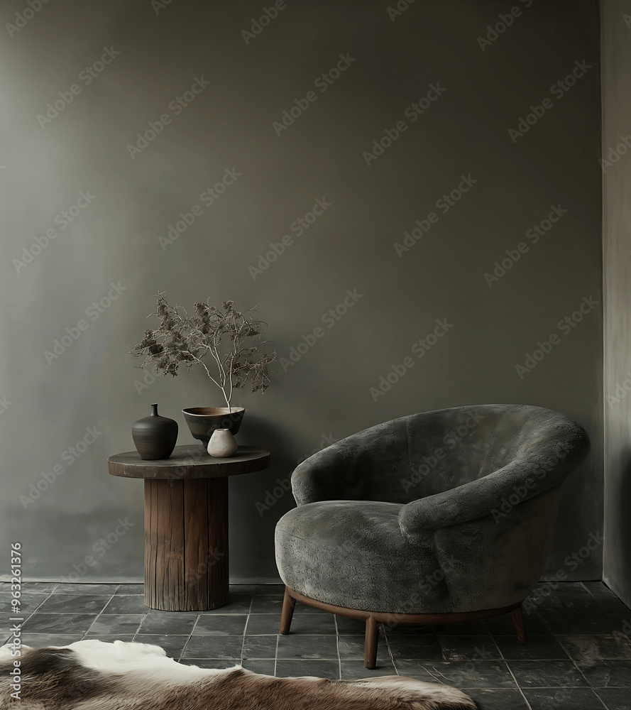 Minimalist Lounge with Velvet Armchair and Wooden Table in Earthy Neutral Tones and Subtle Shadows Minimalist Lounge with Velvet Armchair and Wooden Table in Earthy Neutral Tones and Subtle Shadows