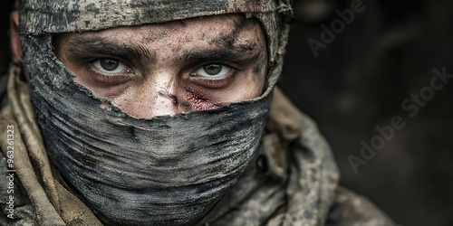 The Stifled Pain: A wounded soldier, bandaged and stoic, amidst the chaos of war. photo