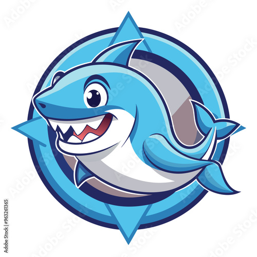 Cartoon Blue Shark with Open Mouth and Smiling in a Blue Circular Design
