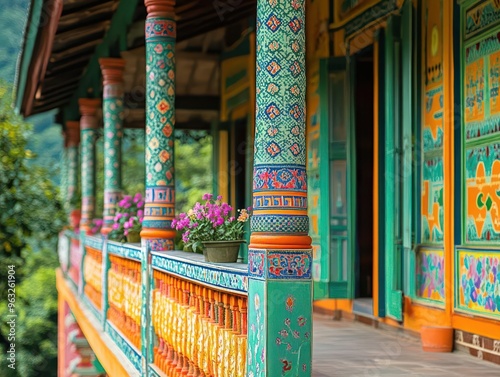 Traditional Hmong batik fabricinspired cultural center  captured in a vibrant photo