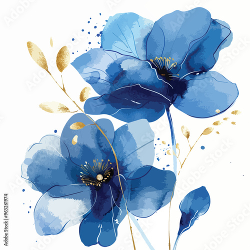 Watercolor painting of delicate blue flowers with golden accents.