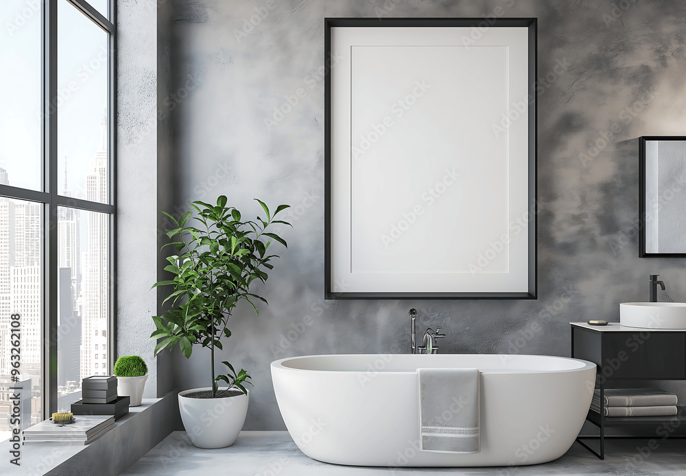 Fototapeta premium Modern bathroom with a freestanding white bathtub and an empty poster frame mock-up on a textured gray wall. Natural light streams through large windows