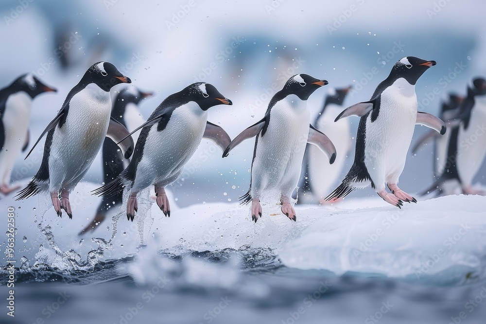 Fototapeta premium Adelie penguins jumping off an ice floe into the South Ocean, captured in high resolution with natural lighting and a wide-angle shot, showcasing a hyper-realistic scene with natural colors.