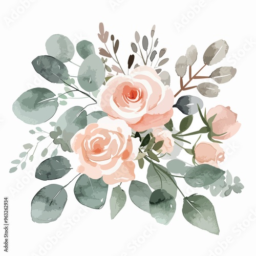 Watercolor painting of delicate pink roses and greenery.