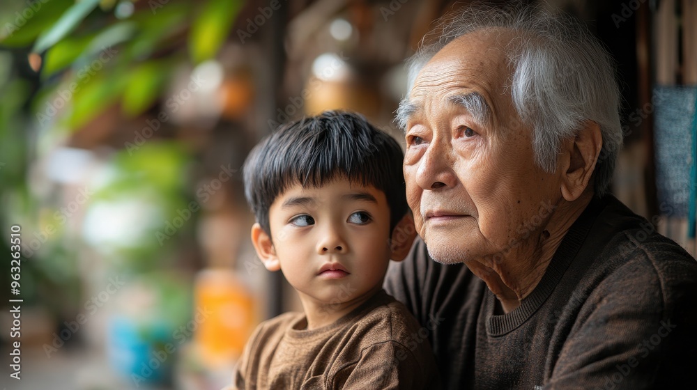 Fototapeta premium Connecting Generations: Asian Elderly Man sharing Heartfelt Conversation with Grandson, Mental Health Support through Generational Wisdom