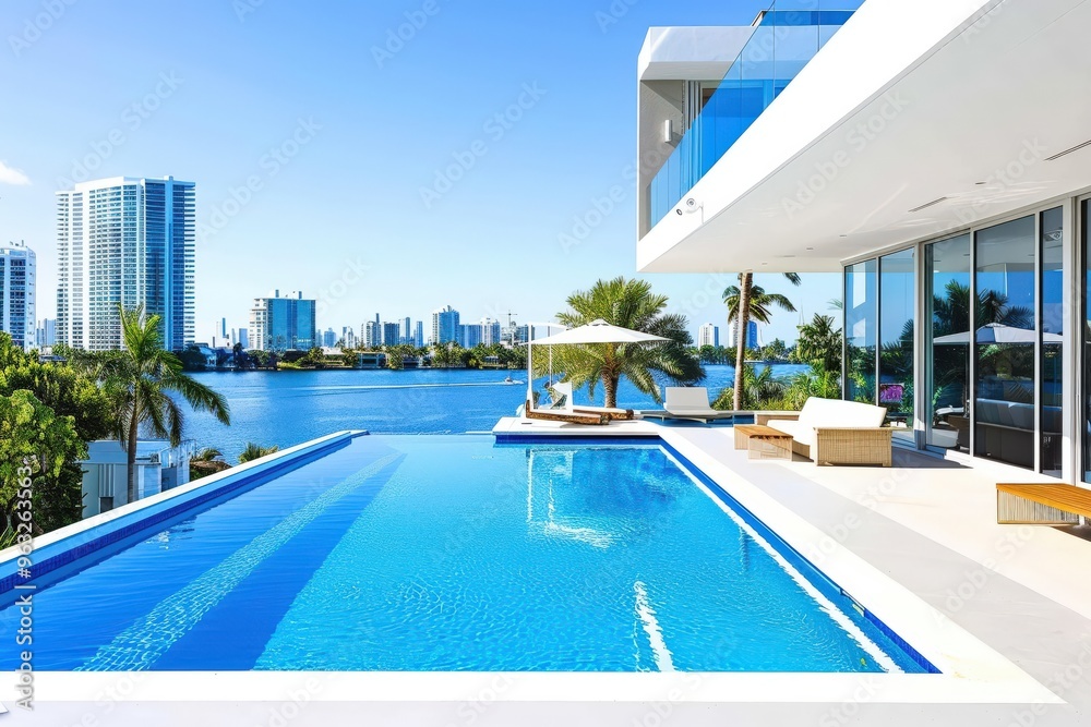 Sparkling Pool Retreat in a Modern Sophisticated Home - Generative Ai. Beautiful simple AI generated image Sparkling Pool Retreat in a Modern Sophisticated Home - Generative Ai. Beautiful simple AI generated image
