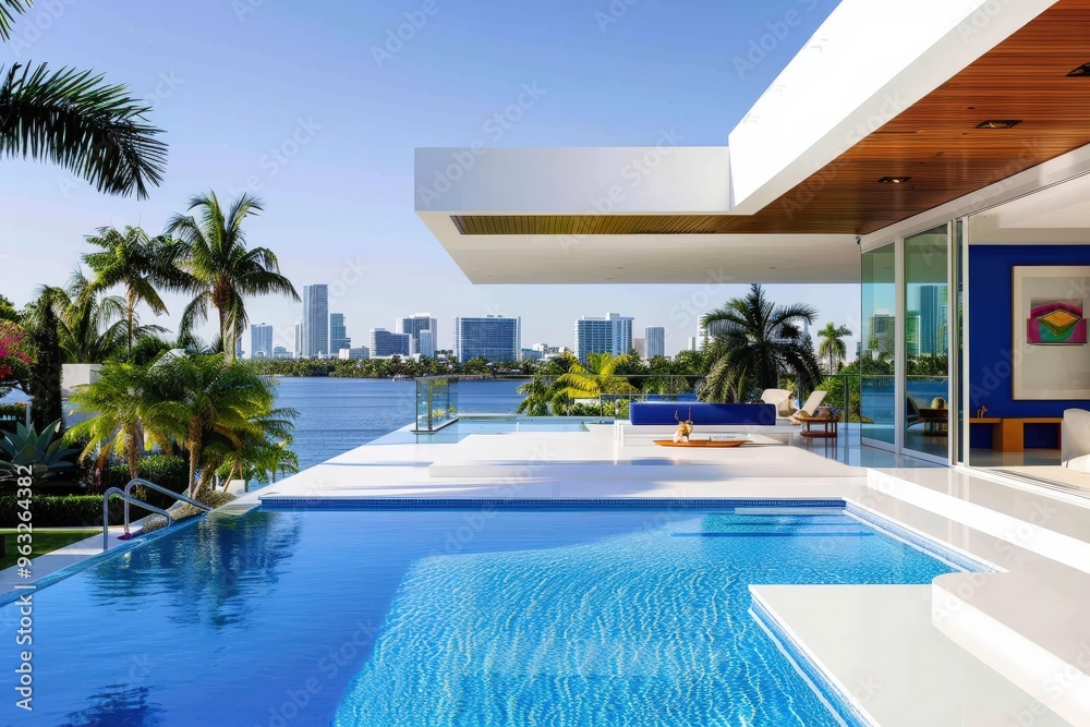 Sparkling Pool Retreat in a Modern Sophisticated Home - Generative Ai. Beautiful simple AI generated image Sparkling Pool Retreat in a Modern Sophisticated Home - Generative Ai. Beautiful simple AI generated image