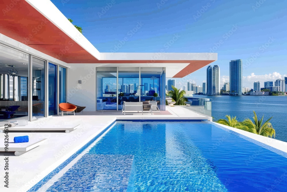 Sparkling Pool Retreat in a Modern Sophisticated Home - Generative Ai. Beautiful simple AI generated image Sparkling Pool Retreat in a Modern Sophisticated Home - Generative Ai. Beautiful simple AI generated image