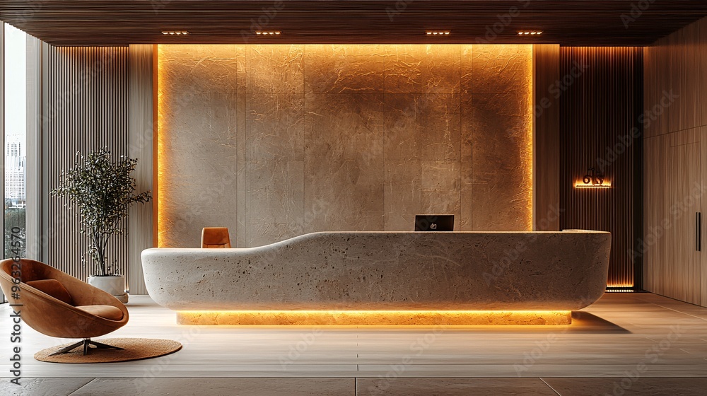 A minimalist office enquiry desk with soft, warm lighting and wooden accents. A minimalist office enquiry desk with soft, warm lighting and wooden accents.
