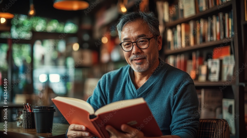 Embracing Mental Well-being: Middle-Aged Asian Man Reflecting on Self-Help Wisdom in a Serene Café Setting Embracing Mental Well-being: Middle-Aged Asian Man Reflecting on Self-Help Wisdom in a Serene Café Setting