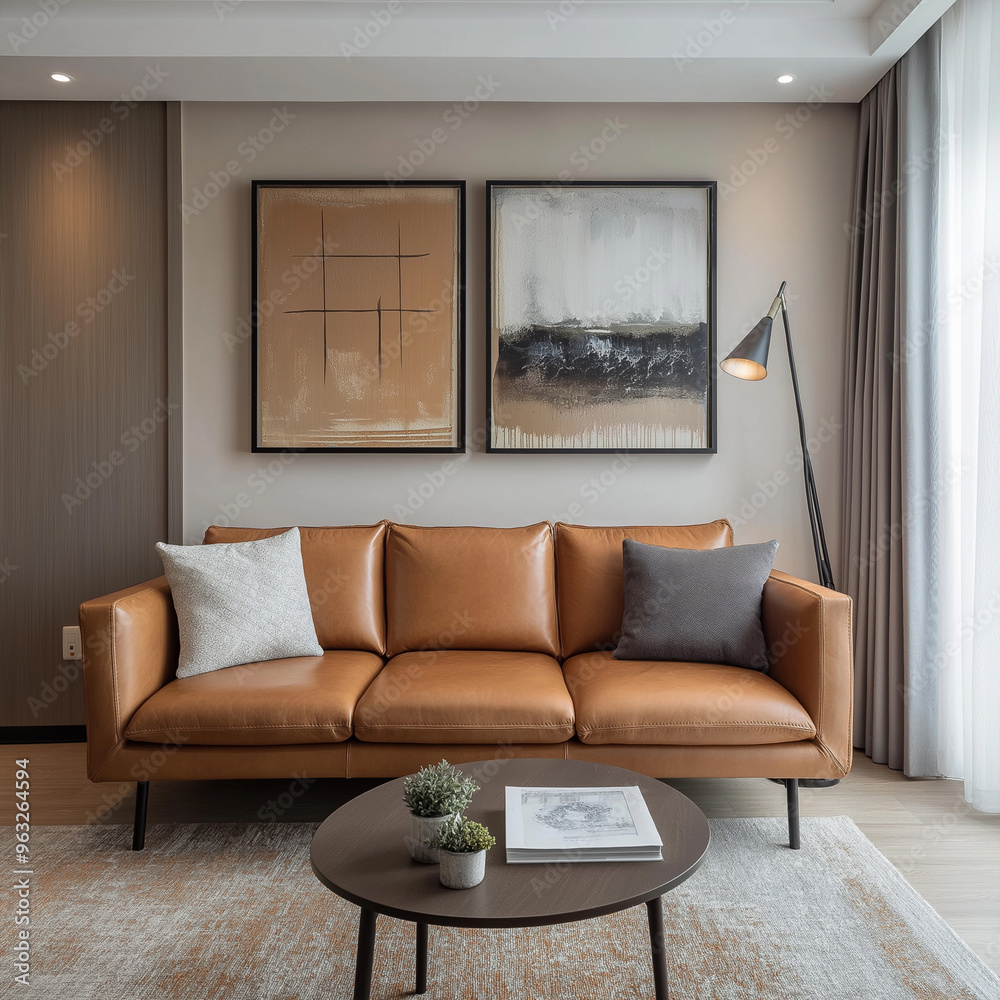 Fototapeta premium Modern living room interior with comfortable sofa and armchair, perfect for relaxing at home