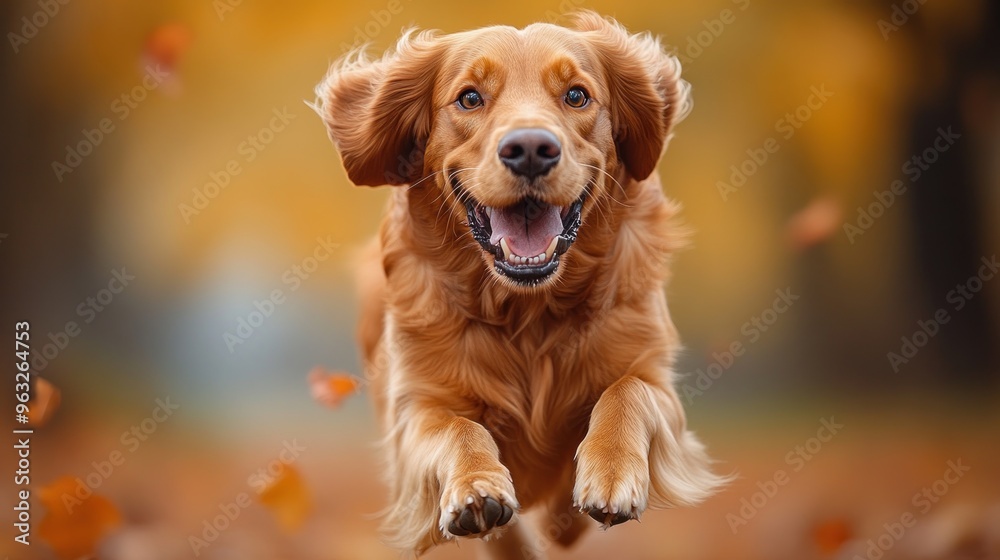 A joyful golden retriever running through autumn leaves. A joyful golden retriever running through autumn leaves.