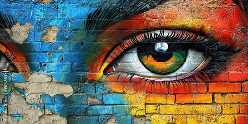 Tearful Tapestry: A colorful mural on the side of a crumbling brick building, its vivid hues fading in the harsh sunlight.