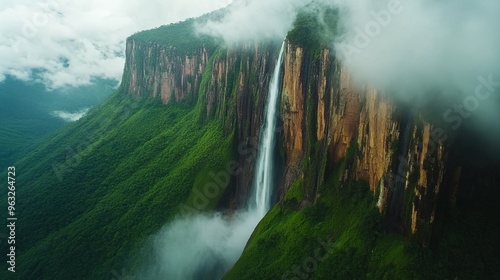 Fototapeta Naklejka Na Ścianę i Meble -  Majestic Angel Falls: Tallest Waterfall in Venezuela Amid Misty Air and Lush Green Surroundings