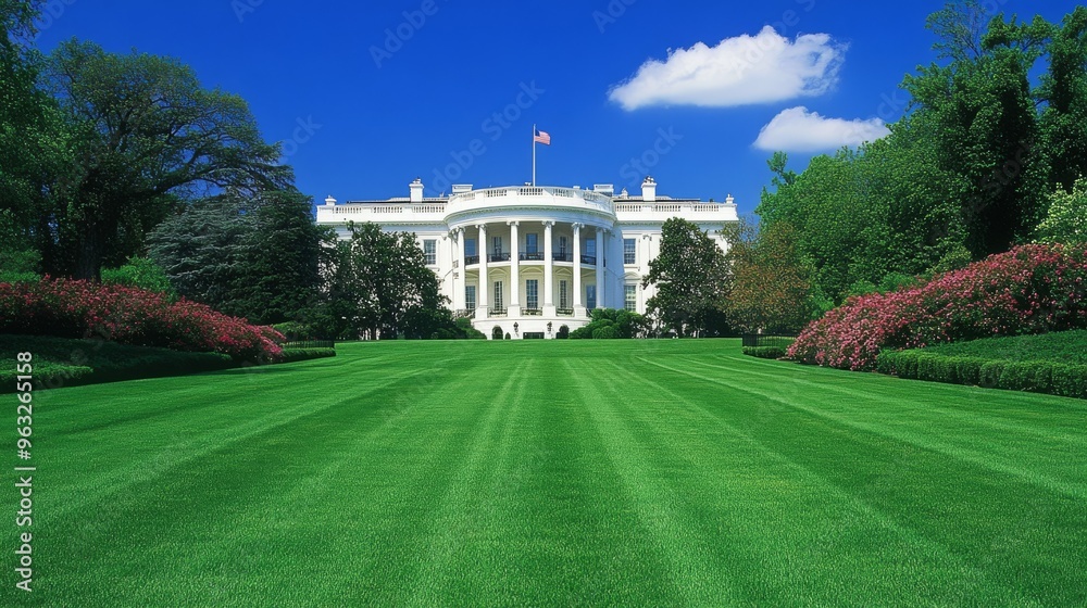 Fototapeta premium Iconic White House in Washington D.C. with Pristine Front Lawn under Clear Sky