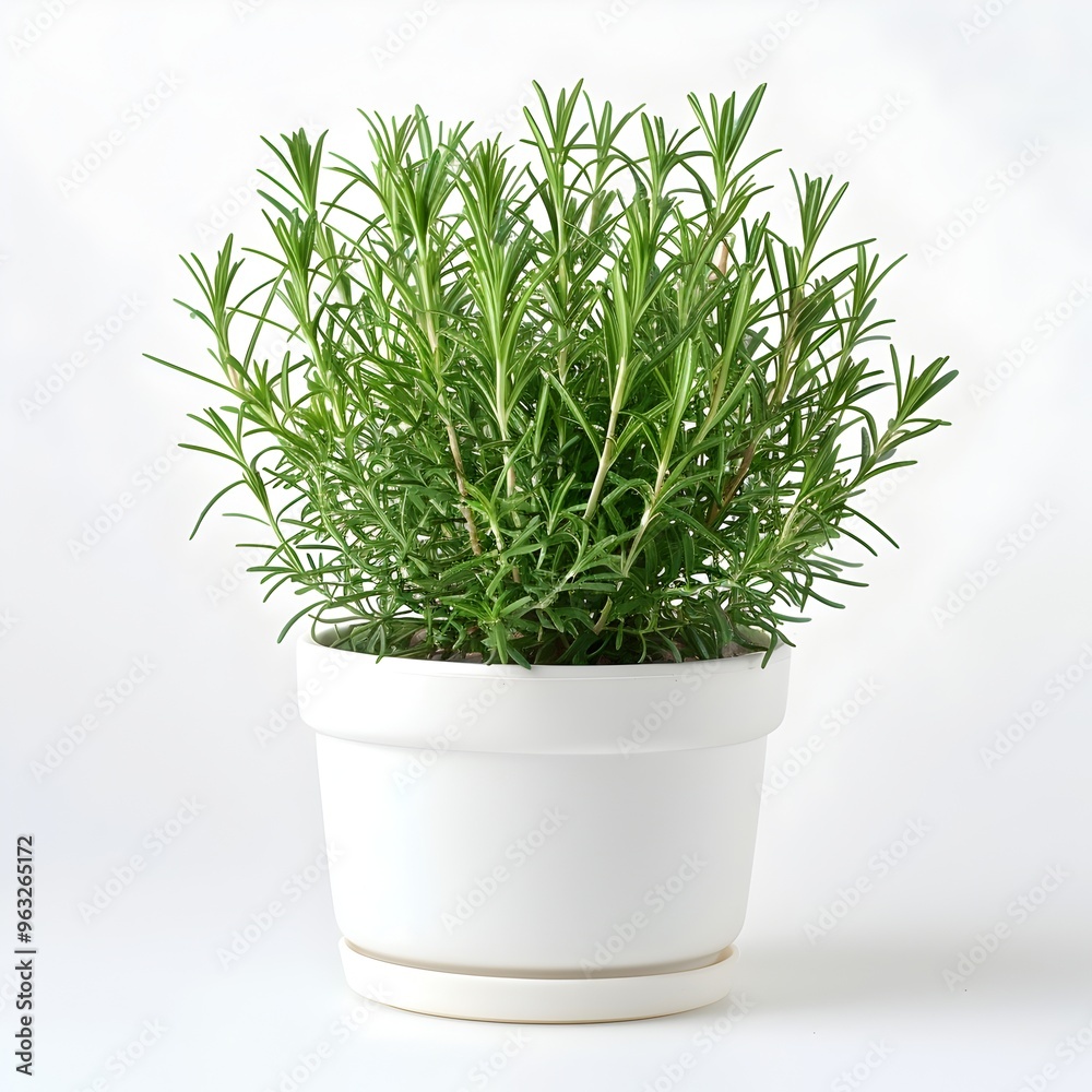 Freshly Grown Rosemary Plant in White Pot on Clean Background Freshly Grown Rosemary Plant in White Pot on Clean Background