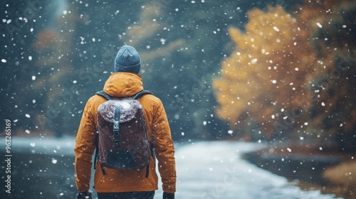 Contemplative Journey: Asian Man Walking Alone on Snowy Path, Symbolizing Solitude, Reflection, and Mental Health Exploration in Varied Climates photo