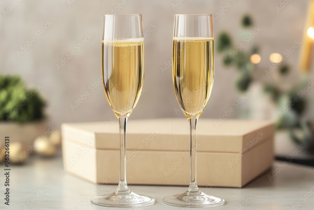 Two champagne glasses filled with sparkling wine, set against a soft, festive background with gift boxes and greenery. Two champagne glasses filled with sparkling wine, set against a soft, festive background with gift boxes and greenery.