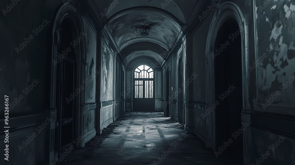 Dark hallway room in the inside of a gothic dark abandoned castle. Abandoned Building. Illustration Dark hallway room in the inside of a gothic dark abandoned castle. Abandoned Building. Illustration
