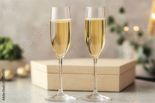 Two champagne glasses filled with sparkling wine, set against a soft, festive background with gift boxes and greenery.