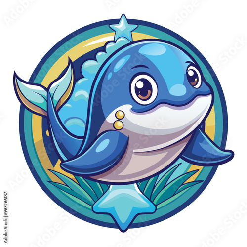 Cartoon Dolphin with Star and Grass in a Circle
