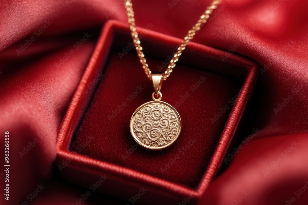 Elegant gold necklace with intricate pendant design, presented in a red velvet box, perfect for a special occasion or gift idea.