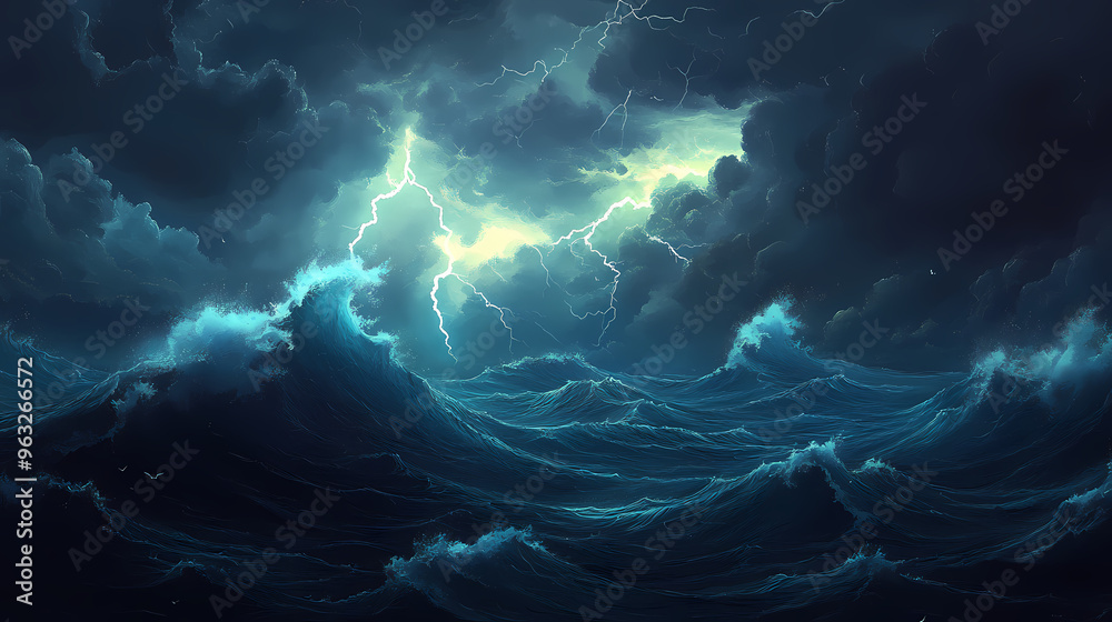 Dark stormy night at sea with giant waves lightning and cloudy sky. concept stormy sea, giant waves, lightning, cloudy sky, nighttime ocean. Giant. Illustration Dark stormy night at sea with giant waves lightning and cloudy sky. concept stormy sea, giant waves, lightning, cloudy sky, nighttime ocean. Giant. Illustration