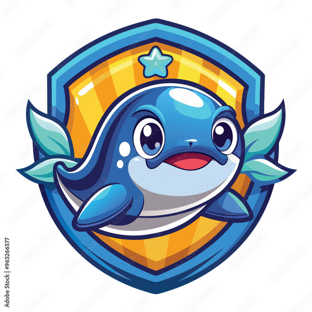 Cartoon Dolphin with Wings Inside a Shield with a Star Cartoon Dolphin with Wings Inside a Shield with a Star