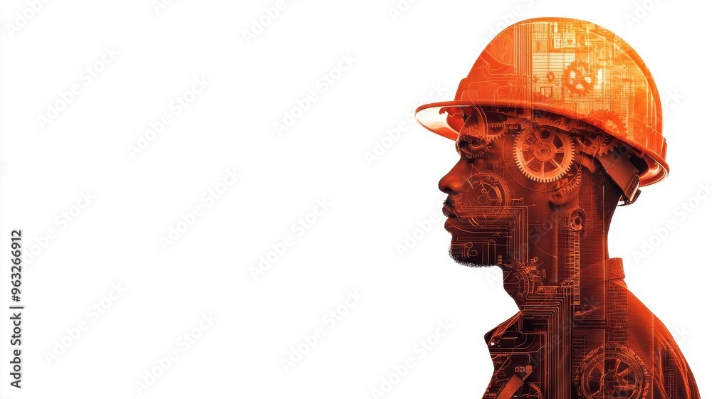 Construction worker silhouette double exposed with technical drawings and industrial gears, silhouette worker drawings, engineering and labor