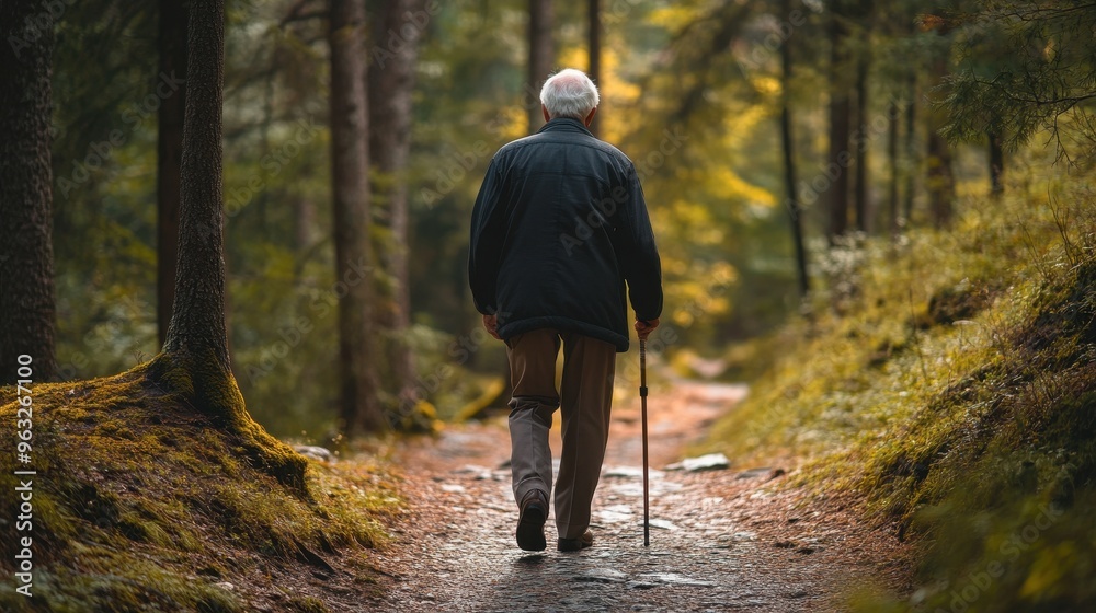 Active Aging: Elderly Man Hiking with Walking Stick - Promoting Mental Health and Well-being through Physical Activity Active Aging: Elderly Man Hiking with Walking Stick - Promoting Mental Health and Well-being through Physical Activity