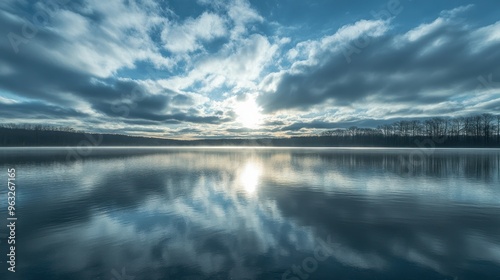 Serene Lake Reflecting Cloudy Sky and Sun