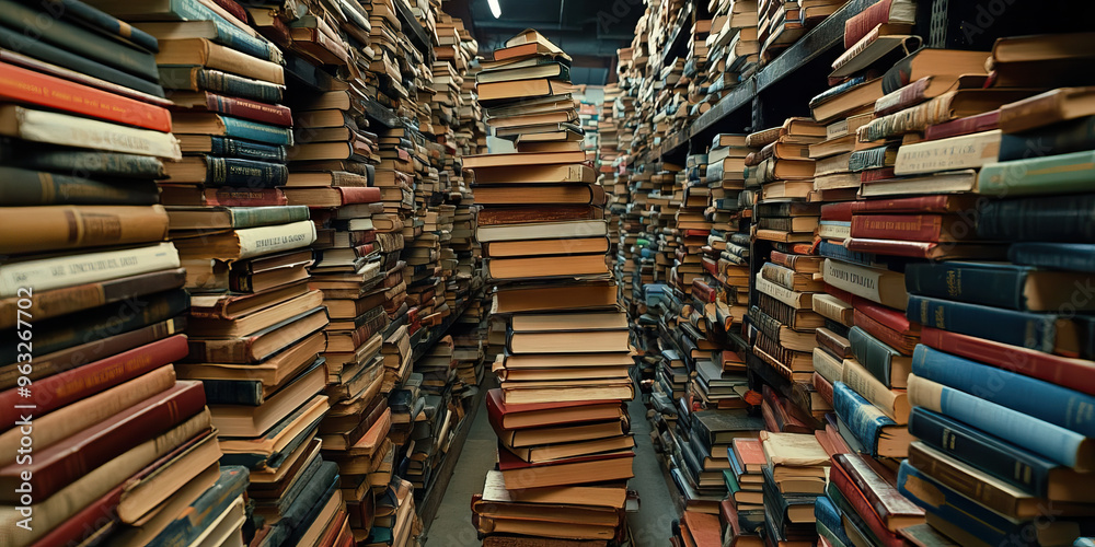 Fototapeta premium Quiet Calamity: A library, its stacks of books reaching for the ceiling, yet devoid of patrons and the hum of study.
