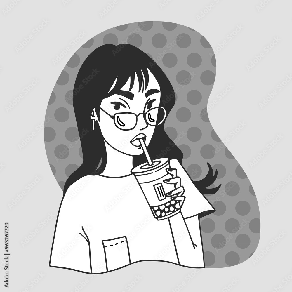 Vector line art black and white illustration of girl. Gray polka dot background. Girl with a bubble tea. Vector line art black and white illustration of girl. Gray polka dot background. Girl with a bubble tea.