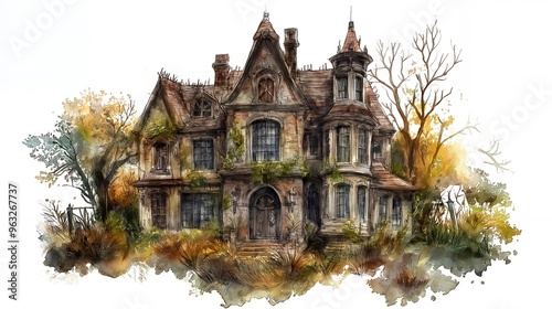 Watercolor illustration of an old abandoned house.