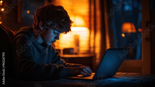 Digital Fatigue: Teenage Boy Slouched Over Laptop in Dimly Lit Room Highlighting Posture and Mental Health Impact