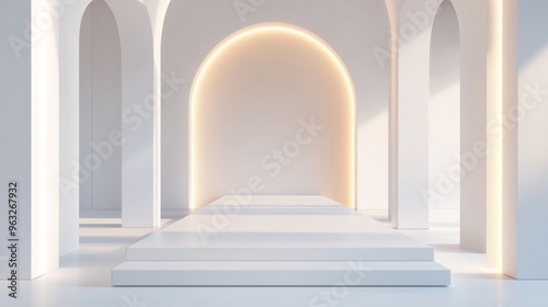 A minimalist white platform surrounded by luxury white walls with subtle, curved designs and soft lighting, creating an elegant, calm atmosphere for the product display.